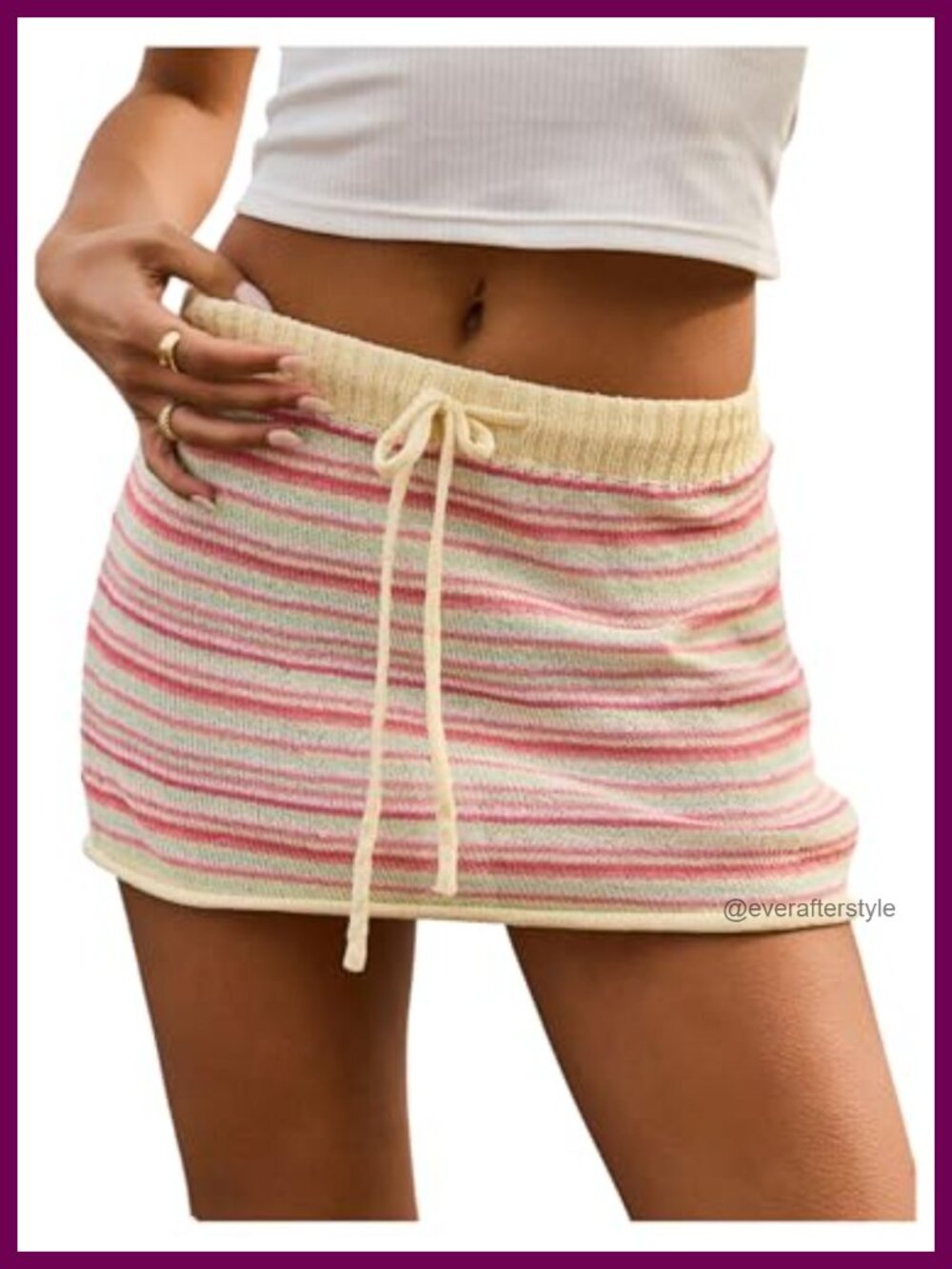 Striped Knit Mini Skirt Low Waisted Drawstring Waist Boho Beach Vacation